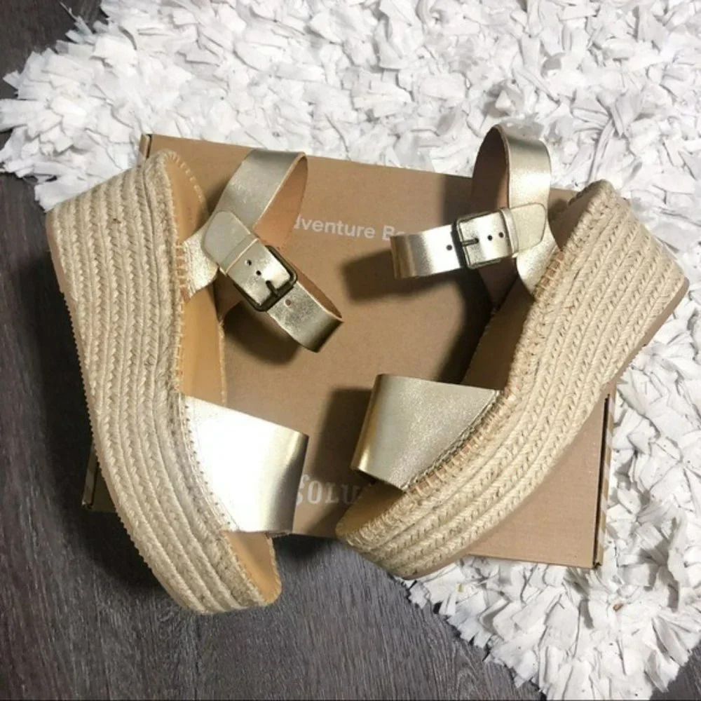 Anthro Soludos Platform Gold Leather Espadrille 10 - Picture 7 of 13